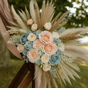 Cream and Blue Faux Floral Accent with Pampas Grass Wedding Arch Decor